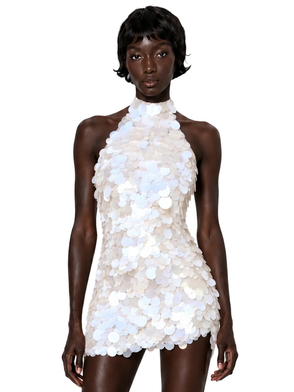 Iridescent White Sequin Halter Mini Dress